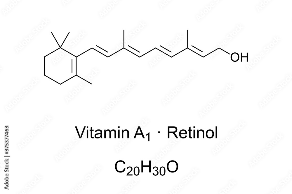 Vitamin A1, also retinol or axerophthol, chemical structure. Found in food, used as dietary supplement to treat vitamin A deficiency. Skeletal and structural formula. Illustration over white. Vector.