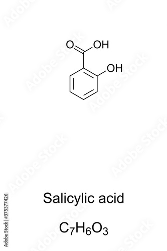 Salicylic acid chemical structure. Used in organic synthesis as plant hormone. Active metabolite of aspirin. Key ingredient in topical anti-acne and skincare products. Illustration over white. Vector.