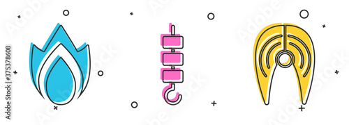 Set Fire flame, Grilled shish kebab on skewer stick and Fish steak icon. Vector.