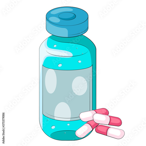 Medical vaccine bottle.  Vaccine vial flat cartoon illustration. Medical Immunization.