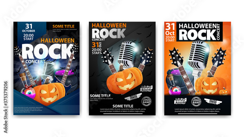 Set of Halloween posters for Halloween rock party with Halloween elements, guitars and microphones. Blue, black and orange rock party posters