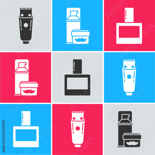 Set Electrical hair clipper or shaver, Shaving gel foam and Aftershave icon. Vector.