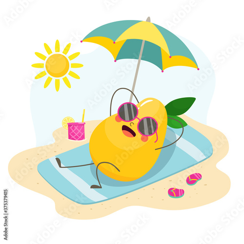Mango fruit is resting on the beach. Vector illustration in cartoon flat style.