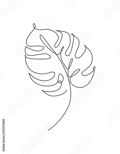 One single line drawing monstera leaf vector illustration. Minimal tropical leaves abstract floral pattern concept for poster, wall decor print. Modern continuous line graphic draw design