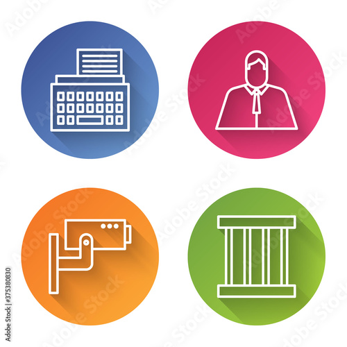 Set line Retro typewriter, Lawyer, attorney, jurist, Security camera and Prison window. Color circle button. Vector.