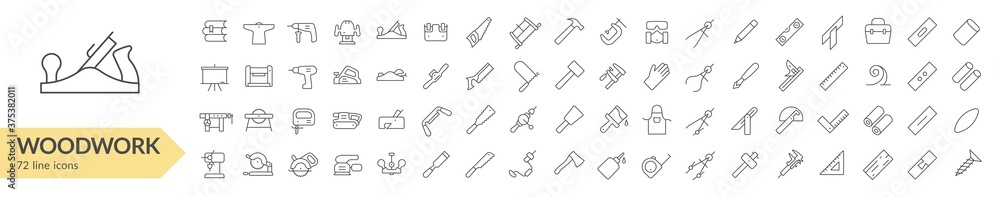Woodwork tools line icon set. Isolated signs on white background. Vector illustration. Collection