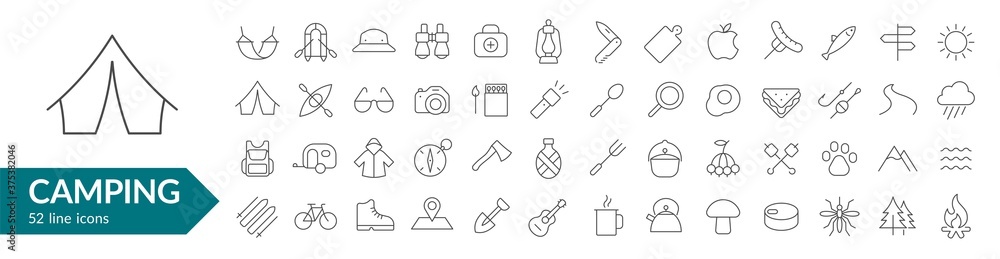 Camping line icon set. Isolated signs on white background. Vector illustration. Collection - obrazy, fototapety, plakaty 