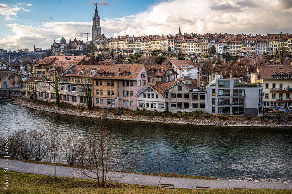 Panoramic view of the old city of Bern from the Bear Park (Baerengraben)
