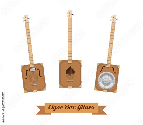 Guitar set. Realistic cigar box guitars on white background. Musical Instruments. Vector illustration