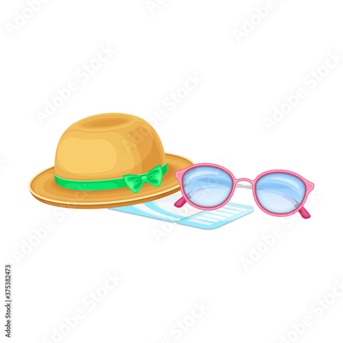 Sunglasses and Wide Brimmed Female Hat as Summer Accessories Vector Illustration
