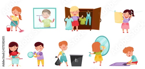 Tela Kid Characters Cleaning Room and Doing Household Chores Vector Illustration Set