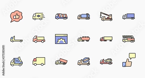 Truck Set of Transport Vector Line Icons. Contains such Icons as Truck, Transportation, Tow Truck, Cranes, Mixer, Garbage Truck, Manipulators, Delivery service and more. Editable Stroke. 32x32 Pixel