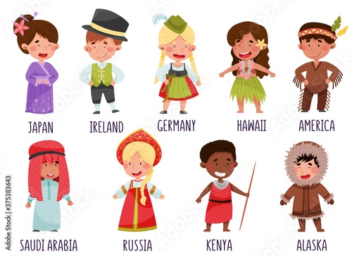 Kids Wearing National Costumes of Different Countries Vector Illustration Set