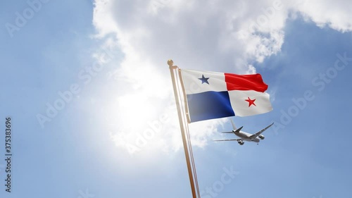 Flag of Panama Waving with Airplane arriving or departing, Realistic Animation