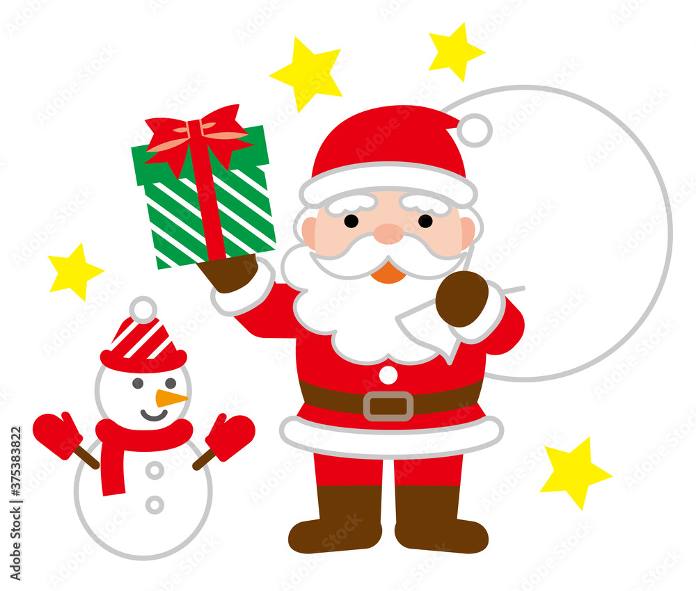 プレゼントを持ったサンタと雪だるまの可愛いクリスマスイラスト/白背景 プレゼントを持ったサンタと雪だるまの可愛いクリスマスイラスト/白背景