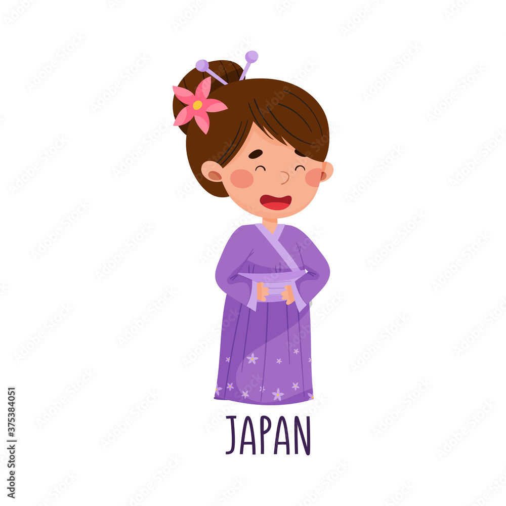 Smiling Girl Wearing National Costume of Japan Vector Illustration Smiling Girl Wearing National Costume of Japan Vector Illustration