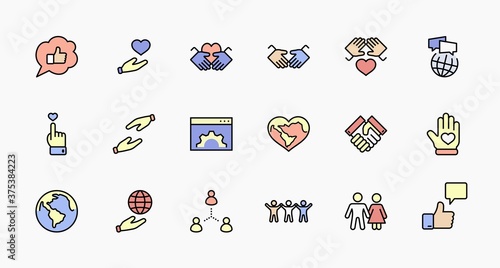 International Day of Human Solidarity Line Vector Icons Set. Contains such Icons as Handshake, Heart, planet Earth, helping Hand, People and more. Editable Stroke. 32x32 Pixel Perfect