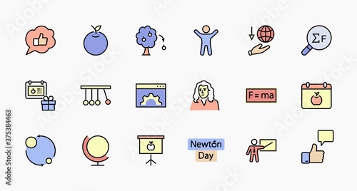 Newton's Day Set Line Vector Icon. Contains such Icons as Newton, Laws of physics and gravity, Flying Apple, Calendar, Teacher, blackboard and projector Editable Stroke. 32x32 Pixel Perfect