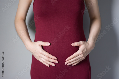 Wallpaper Mural Pregnant woman in dress holds hands on belly on a gray background. Torontodigital.ca