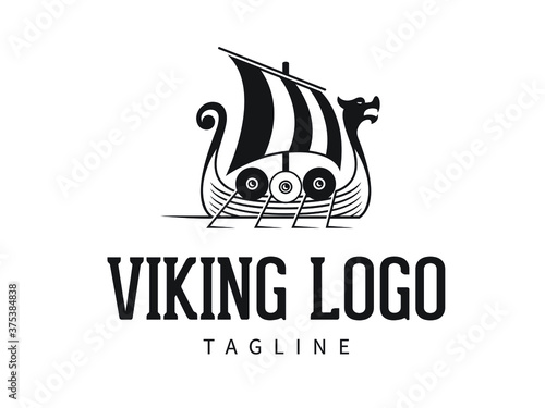 A Viking ship under sail with oars and shields. Vector logo/illustration with text