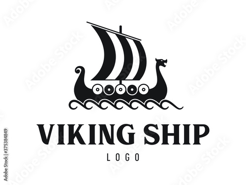 Viking dragon ship under sail with shields and waves. Vector logo design in black and white with text