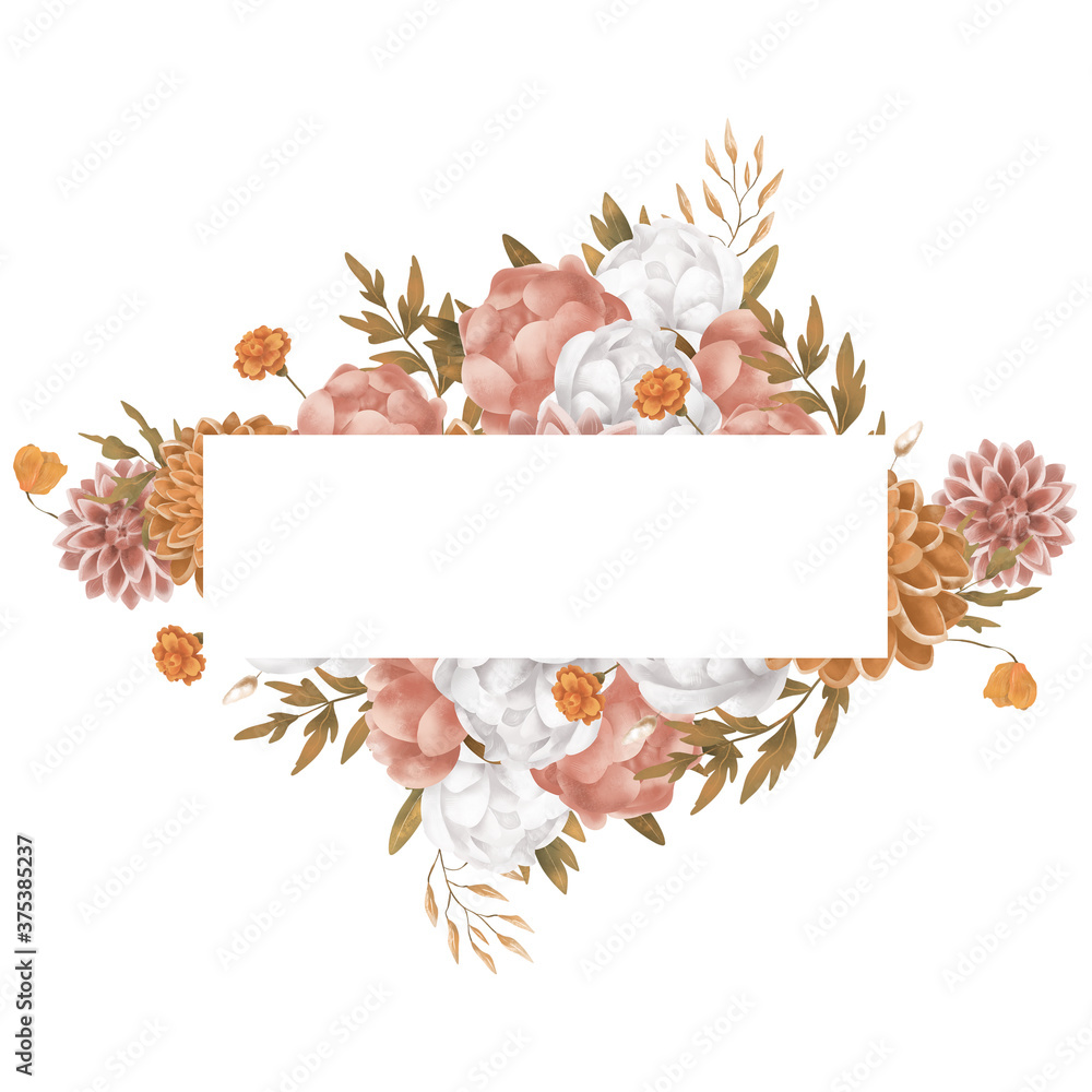 Fototapeta premium Bright floral composition made of flowers. Raster frame can be used for card designs, wedding invitation, web page, surface textures. Gorgeous floral arrangement