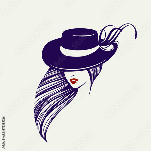 Woman with hat.Elegant hairstyle, makeup and accessories.Fashion and beauty illustration.Young lady portrait.Red lipstick.Decorative elements.