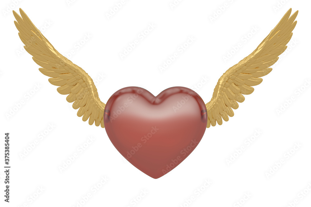 Gold wings with heart Isolated On White Background, 3D render. 3D illustration. Gold wings with heart Isolated On White Background, 3D render. 3D illustration.