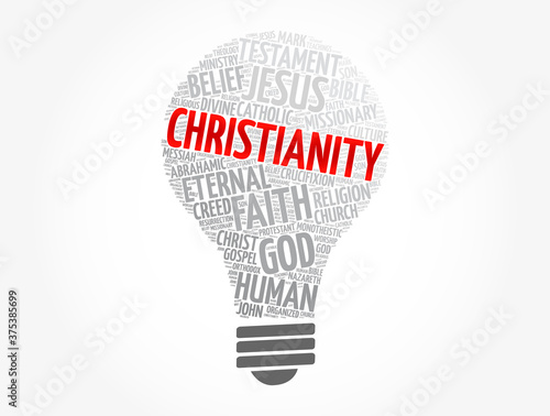 Christianity light bulb word cloud, religion concept background