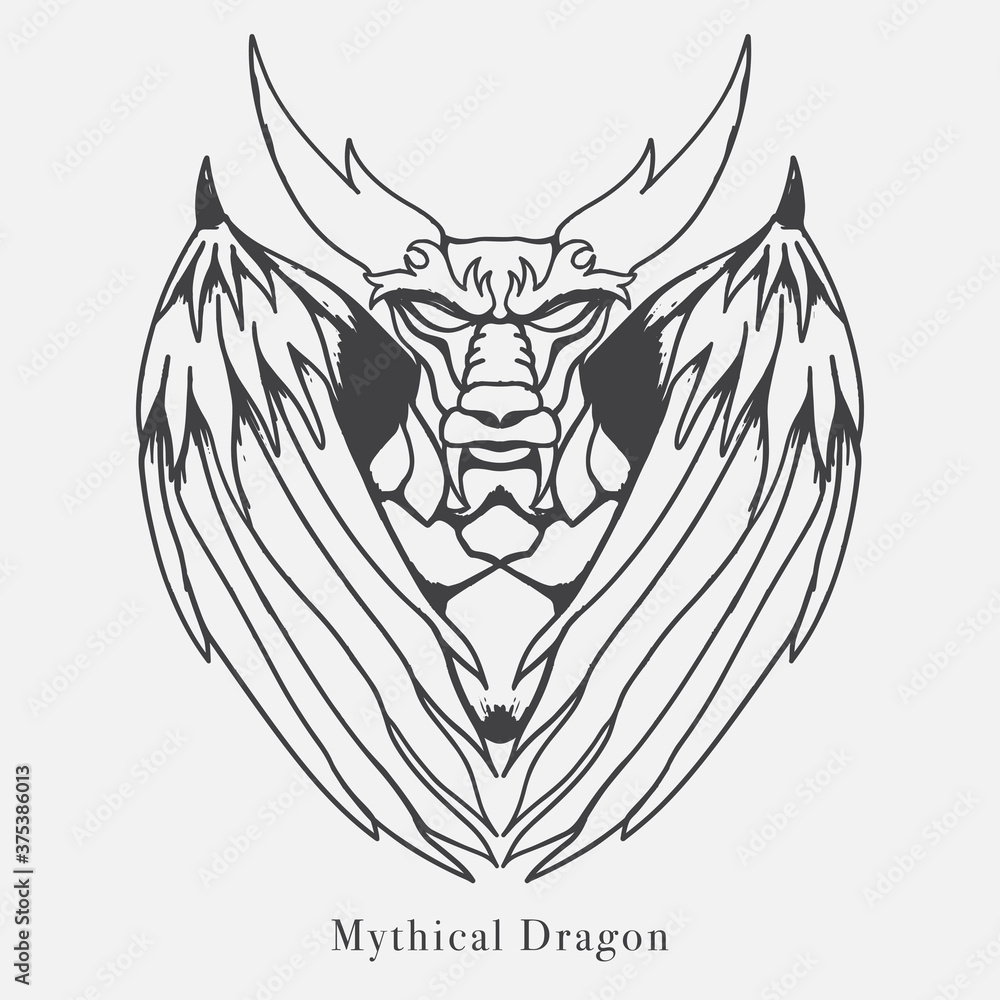 Fototapeta premium mythical dragon vector line art hand drawn illustration