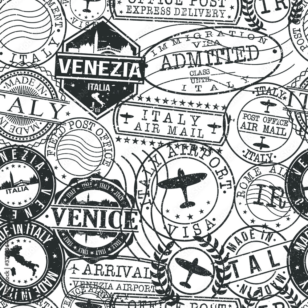 Venice Italy Stamps. City Stamp Vector Art. Postal Passport Travel. Design Set Pattern.