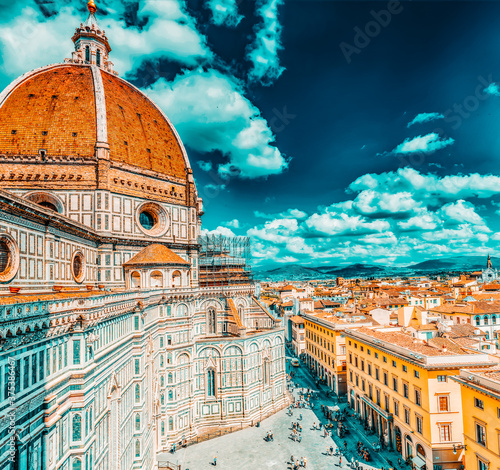 FLORENCE, ITALY - MAY 13, 2017 : Above view Santa Maria del Fiore (Cattedrale di Santa Maria del Fiore) in Florence, most famous of the architectural edifice of the Florentine Quattrocento. Italy. photo