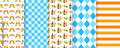 Oktoberfest seamless pattern. Octoberfest background. Vector. Textures with beer, rhombus, stripes and check. Set of Germany traditional wallpapers. Bavarian diamond prints. Color illustration