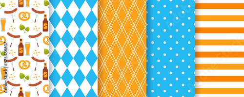 Oktoberfest seamless background. Octoberfest pattern. Vector. Prints with rhombus, beer, stripes and polka dot. Germany traditional wallpaper. Set of Bavarian diamond texture. Color illustration