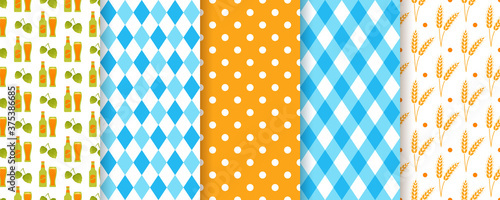 Oktoberfest seamless pattern. Octoberfest background. Vector. Textures with rhombus, beer, polka dots and spikelets of wheat. Set Germany diamond prints. Color illustration. Bavarian wallpaper.