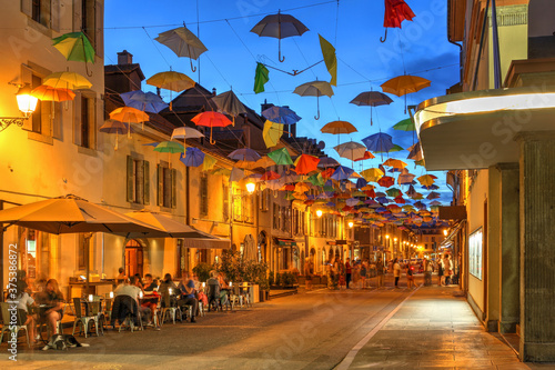 Rue Saint Joseph covered by umbrellas in Carouge, Geneva, Switzerland