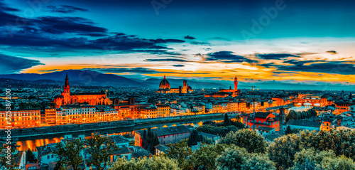 Beautiful landscape above, panorama on historical view of the Florence from Piazzale Michelangelo point. Night time.Italy.