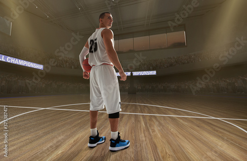 Basketball players on big professional arena during the game.