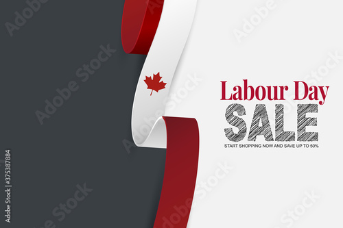 Labour Day sale banner. Canadian waving ribbon flag background. Canada national workers holiday concept. Vector illustration.