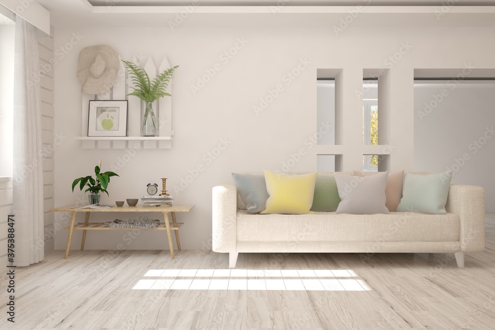 Fototapeta premium White stylish minimalist room with sofa. Scandinavian interior design. 3D illustration