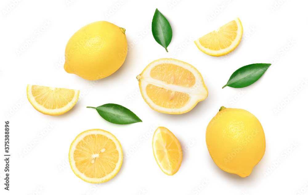 Flat lay (top view) of lemon with sliced and green leaf isolated on white background. Flat lay (top view) of lemon with sliced and green leaf isolated on white background.