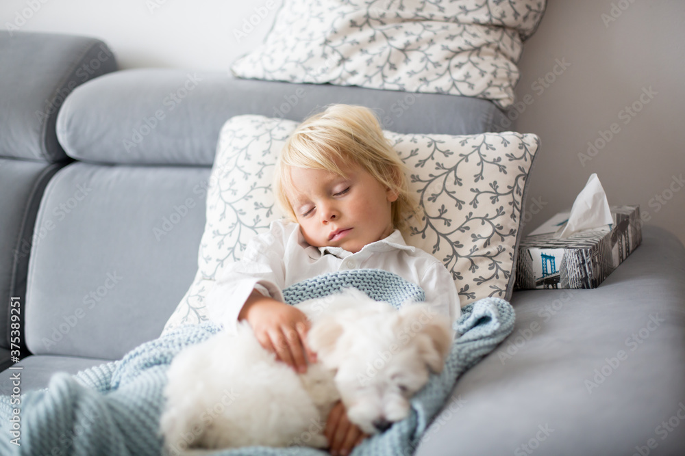 Sick child, toddler boy lying on the couch with his white puppy in living room with fever, resting Sick child, toddler boy lying on the couch with his white puppy in living room with fever, resting