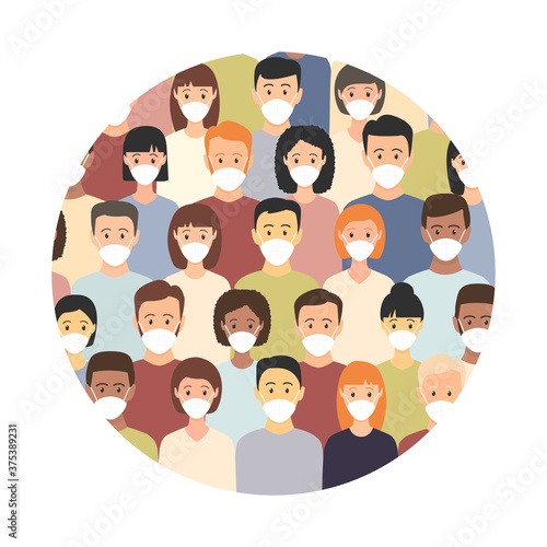 Group of multicultural men and women wearing medical masks in round shape. Disease, flu, contaminated air, world pollution, pandemic concept set. Vector illustration in a flat style. © Віталій Баріда