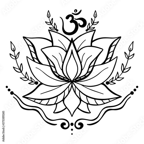 Vector black and white illustration of lotus flower and om ohm aum symbol isolated on white background. Yoga, meditation, relaxation.