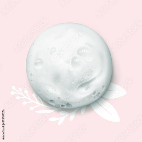White foam texture from soap and hand-drawn plant leaves decor on pink background, top view. Circle shampoo or facial cleanser spot realistic vector illustration