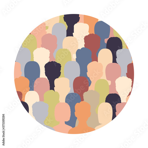 Diverse multicultural group of people standing together (europian, asian, american) in round shape. Human social diversity crowd vector illustration. Concept of diversity men and women silhouettes.