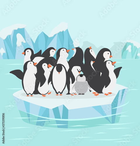 penguin family with North pole Arctic