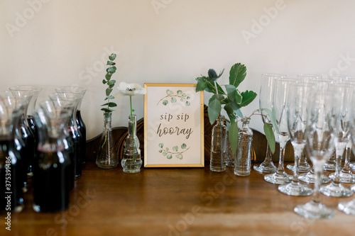 A wood table decorated with 