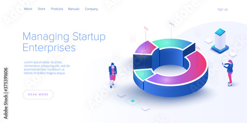 Business analysis in isometric vector illustration. Data analytics for company marketing solutions or financial performance. Budget accounting or statistics concept. Web banne layout template.