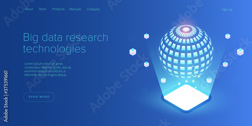 Big data technology in isometric vector illustration. Information storage and analysis system. Digital technology website landing page template.